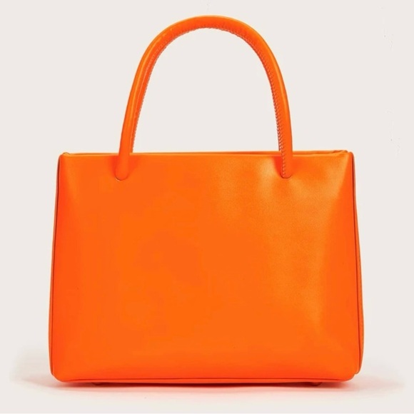 Double Handle Orange Handbag with Chain Strap - Picture 12 of 12